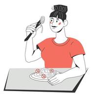 giovane donna seduta al tavolo e mangiare pasta, personaggio dei cartoni animati illustrazione vettoriale isolato su sfondo bianco. cliente di ristorante o bar di cucina italiana.