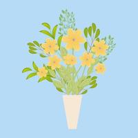 fiori gialli con foglie all'interno del disegno vettoriale vaso