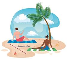 distanza sociale sulla spiaggia, gli uomini mantengono una distanza di due metri o sei piedi, nuovo concetto di spiaggia estiva normale dopo il coronavirus o il covid 19 vettore