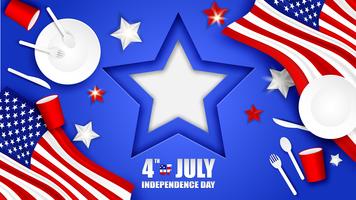 4 luglio Happy Independence day USA. Progetti con il cucchiaio, il piatto, la forcella, il coltello, le stoviglie di vetro di carta e la stella della bandiera americana su fondo blu Vettore. vettore