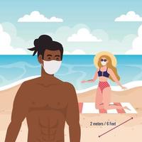 distanza sociale sulla spiaggia, coppia che indossa una maschera medica, nuovo concetto di spiaggia estiva normale dopo coronavirus o covid 19 vettore