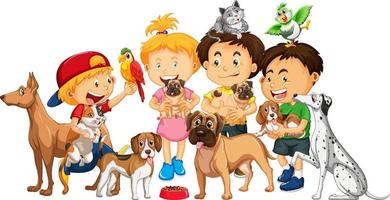 bambini che giocano con i loro cani in stile cartone animato vettore