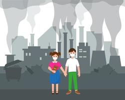 due bambini e la sagoma della città inquinata vettore