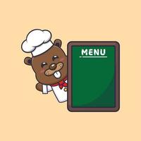 simpatico personaggio dei cartoni animati della mascotte del cuoco unico del castoro con la scheda del menu vettore
