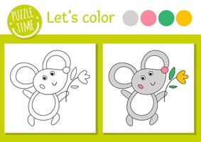 Pagina da colorare di Pasqua per bambini. topo divertente con fiore. illustrazione di contorno di vacanza vettoriale con simpatico animale tradizionale. adorabile libro a colori primaverile per bambini con esempio colorato