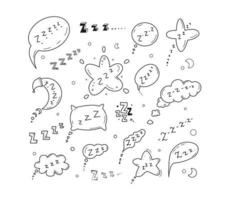 set di icone di doodle di notte di sonno zzz. illustrazioni di simbolo assonnato disegnato a mano carino in stile fumetto abbozzato. segni addormentati di arte di linea di vettore isolati su priorità bassa bianca