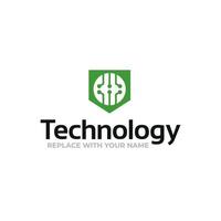 logo della tecnologia con un'icona del circuito stampato di colore verde vettore