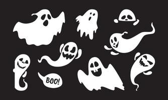 simpatici personaggi fantasma in stile piatto design illustrazione vettoriale impostato isolato su sfondo nero.