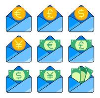 set di posta con icone di allegato denaro e monete vettore