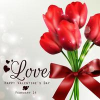 felice biglietto di auguri di san valentino con tulipani rossi realistici vettore