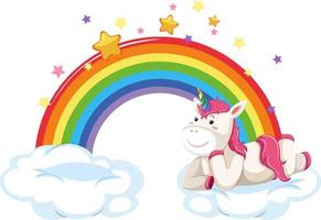 simpatici unicorni sdraiati su una nuvola con arcobaleno vettore