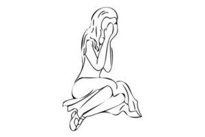 ragazza che piange, illustrazione vettoriale di contorno. triste ragazza seduta sul pavimento con gonna, tenendo la testa con le mani. illustrazione vettoriale semplice linea arte.