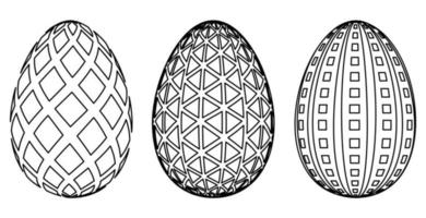 uova decorate a motivi geometrici. illustrazione vettoriale di uova in bianco e nero isolata su sfondo bianco. Rendering 3d, contorno, illustrazioni al tratto.