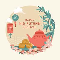 Mid Autumn Festival con Cute Teiera, Moon Cake, Lantern, Coniglio, Bamboo, Cherry Bloom, Chuseok / Hangawi Festival. Giorno del ringraziamento, vettoriale - illustrazione