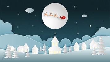 Buon Natale e felice anno nuovo biglietto di auguri in carta tagliata stile. Illustrazione vettoriale Sfondo di celebrazione di Natale con Babbo Natale e renne. Banner, flyer, poster, carta da parati, modello.