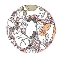 Cartone animato carino gatto e flora vettoriale. Doodle circle frame. vettore