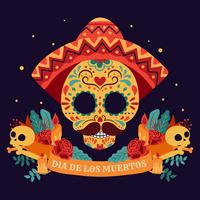Teschio di zucchero. Il giorno dei morti, Dia de Los Muertos, striscione con fiori messicani colorati. Festa, poster di vacanza, volantino festa, biglietto di auguri divertente - illustrazione vettoriale