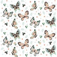 Modello senza cuciture disegnato a mano delle farfalle, dell&#39;insetto, dei fiori e della pianta isolato su fondo bianco - Vector l&#39;illustrazione