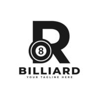 lettera r con disegno del logo del biliardo. elementi del modello di progettazione vettoriale per la squadra sportiva o l'identità aziendale.
