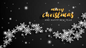 Buon Natale e felice anno nuovo biglietto di auguri in carta tagliata stile. Illustrazione vettoriale Celebrazione di Natale su sfondo nero. Design per banner, flyer, poster, carta da parati, modello.