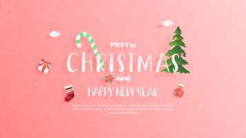 Buon Natale e felice anno nuovo biglietto di auguri in carta tagliata stile. Illustrazione vettoriale Sfondo di celebrazione di Natale. Brochure, flyer, modello di banner.