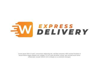 lettera iniziale creativa w logo. lettera w di forma arancione con icona del camion di consegna veloce. utilizzabile per loghi aziendali e di branding. elemento del modello di idee per il design del logo vettoriale piatto