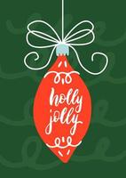 Holly Jolly Christmas Card con grande albero di Natale giocattolo. illustrazione di stile di doodle di vettore. poster tipografico disegnato a mano. disegno di natale. calligrafia per cartoline di natale e poster, scritte vettoriali.