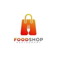 design del logo del negozio di alimentari. borsa della spesa combinata con cucchiaio e forchetta icona illustrazione vettoriale
