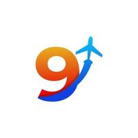 il numero 9 viaggia con l'elemento del modello di progettazione del logo di volo dell'aeroplano vettore