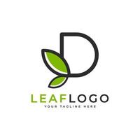 logo creativo della lettera iniziale d. stile lineare di forma nera legato al simbolo della foglia verde. utilizzabile per loghi aziendali, sanitari, naturali e agricoli. elemento del modello di idee per il design del logo vettoriale piatto. eps10