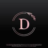 elegante logo floreale cerchio lettera d con linea di diramazione monogramma foglia elegante creativa e colore nero rosa. utilizzabile per loghi aziendali, moda, cosmetici, spa, scienza, medicina e natura. vettore