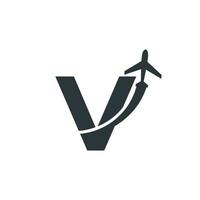 lettera iniziale v viaggio con elemento del modello di progettazione del logo di volo dell'aeroplano vettore