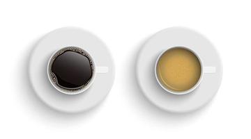 caffè in tazze bianche vista dall'alto, caffè nero, cappuccino espresso, latte, moka, americano, isolato su sfondo bianco, illustrazione vettoriale