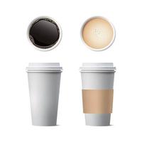 caffè in bicchieri di carta bianca, caffè nero, cappuccino espresso, latte, moka, americano, isolato su sfondo bianco, illustrazione vettoriale