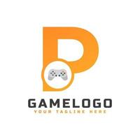 lettera iniziale p con icona della console di gioco e pixel per il concetto di logo di gioco. utilizzabile per loghi di applicazioni aziendali, tecnologiche e di avvio di giochi. vettore