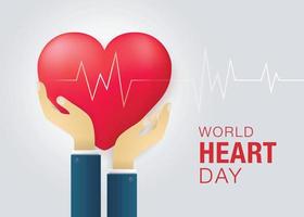 mani che tengono un vettore del cuore, cuore rosso con l'abbraccio della mano, concetto dell'illustrazione della giornata mondiale del cuore.