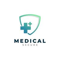 design del logo medico sicuro. illustrazione di vettore della croce dello scudo di protezione della salute medica