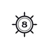 numero 8 all'interno del volante della nave e icona della catena circolare per l'ispirazione del logo nautico vettore