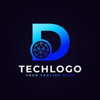 logo della lettera d di tecnologia. forma geometrica blu con cerchio di punti collegato come vettore logo di rete. utilizzabile per loghi aziendali e tecnologici.