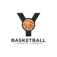 lettera y con logo design basket ball. elementi del modello di progettazione vettoriale per la squadra sportiva o l'identità aziendale.