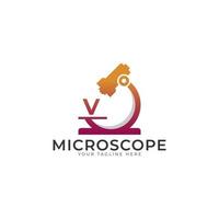 logo del laboratorio. elemento del modello di progettazione del logo del microscopio lettera iniziale v. vettore