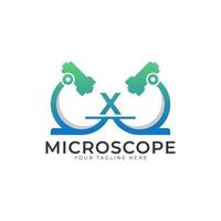logo del laboratorio. elemento del modello di progettazione del logo del microscopio lettera x iniziale. vettore