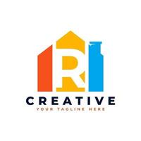 logo della lettera r. forma di striscia di casa con lettera negativa r. utilizzabile per il logo dell'edificio dell'architettura di costruzione vettore