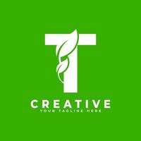 lettera t con elemento di design del logo foglia su sfondo verde. utilizzabile per loghi aziendali, scientifici, sanitari, medici e naturali vettore