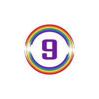 numero 9 all'interno circolare colorato in colore arcobaleno bandiera pennello logo design ispirazione per il concetto lgbt vettore