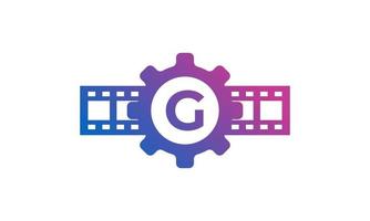 lettera iniziale g ingranaggio ruota dentata con strisce di bobina pellicola per film film cinematografia studio logo ispirazione vettore