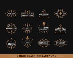 set di badge etichetta retrò vintage classico per bicchiere di vino di lusso con cucchiaio forchetta coltello per ristorante bar bistro logo design ispirazione vettore