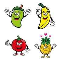 raccolta di set di simpatici frutti mascotte personaggio di design. Isolato su uno sfondo bianco. simpatico personaggio mascotte logo idea bundle concept. mango, banana, ananas, pomodoro vettore
