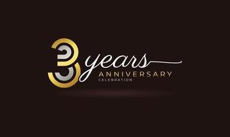 Logotipo di celebrazione dell'anniversario di 3 anni con linea multipla collegata colore argento e dorato per eventi celebrativi, matrimoni, biglietti di auguri e inviti isolati su sfondo scuro vettore