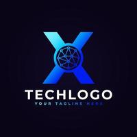 lettera tecnica x logo. forma geometrica blu con cerchio di punti collegato come vettore logo di rete. utilizzabile per loghi aziendali e tecnologici.